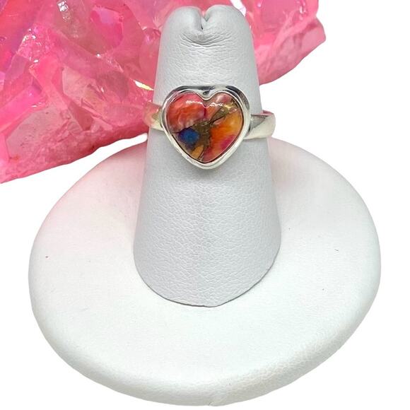 Kingman Pink Dahlia Turquoise Ring Size 6 Solid 925 Sterling Silver Heart Shaped - Picture 1 of 8